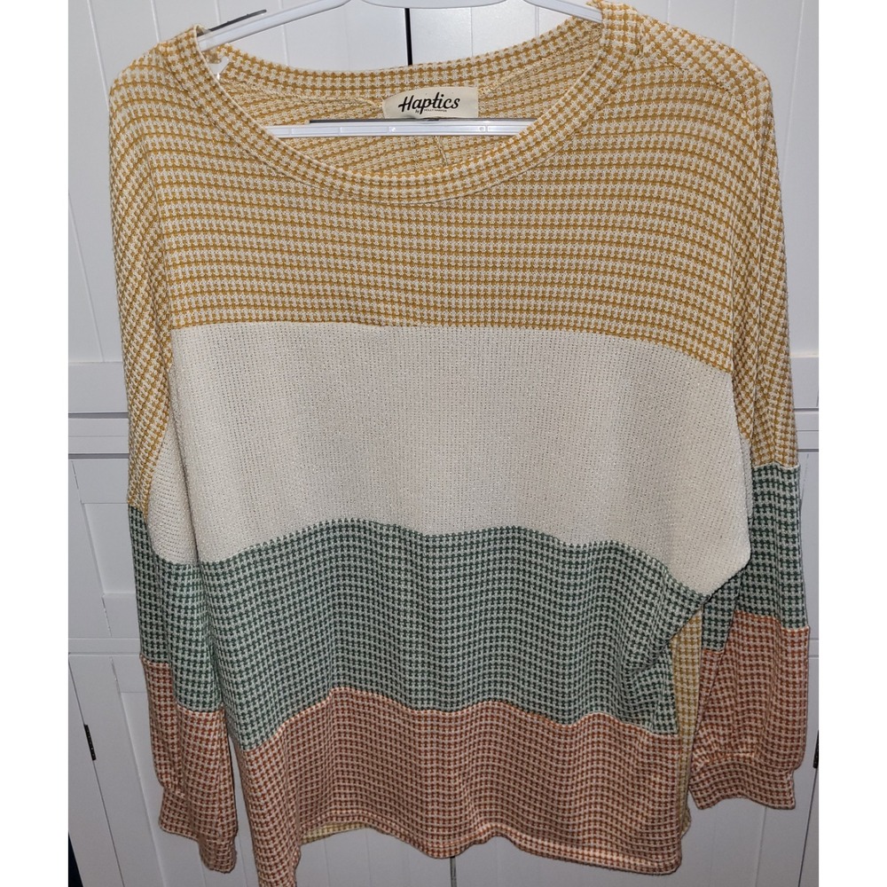 Haptics Holly Harper Womens Color Block Waffle Knit Top Mustard Sage Rust Medium
